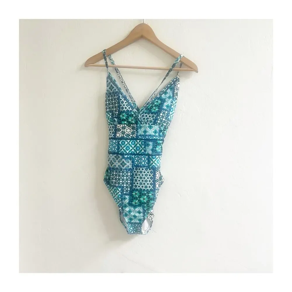Bleu Rod Beattie One-Piece Swimsuit Size 6 Cross Strap Back Blue Motif Design